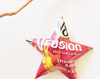 V8 V-Fusion Strawberry Banana Juice Ornament Aluminum Can Upcycled Repurposed