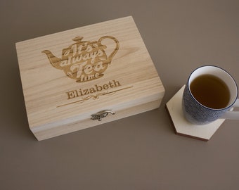 Personalised tea box. Engraved wooden tea caddy storage box. Perfect gift for all tea lovers L314