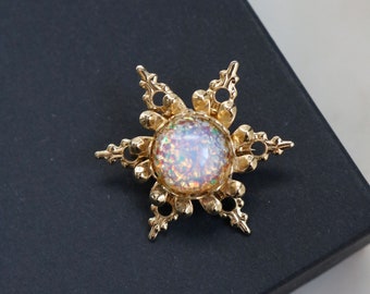 Vintage Small Fire Glass Opal Sunburst Brooch