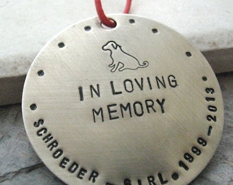 Personalized Pet Memorial Ornament, nickel silver, pets name and years lived around edge, 47 character max, please read listing