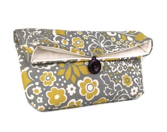 Citrine Ivory and Gray Clutch Purse, Floral Clutch, Bridesmaid Gift, Bridesmaid Clutch, Makeup Bag