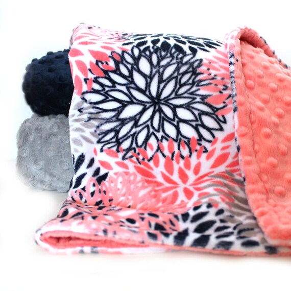 60 x 70 Blooms Minky Adult Blanket, Coral Navy Flower Blanket, Coral Throw, Twin Blanket, Personalized Gift Gift for Her Minky Throw Blanket