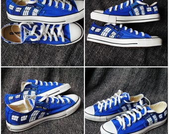 Personalized handpainted shoes, Tardis, Doctor Who Converse SIZE 8