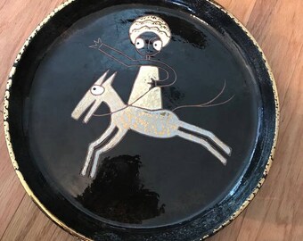 Vintage Enamel Tray / Platter w/ Horse and Rider