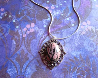 Silver Rhodonite Necklace, Rhodonite Jewelry, Tumbled Rhodonite Pendant, Healing Crystal Necklace, Polished Rhodonite Stone Necklace