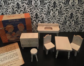 Strombecker Vintage Complete Kitchen Set Original Box | Wood Dollhouse Miniatures 1930s-1940s | Sink Oven Table Chairs Stool | 3/4" Scale