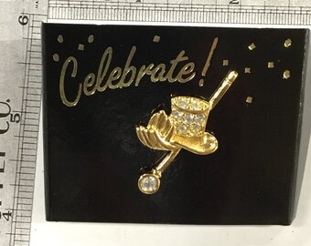 Used top hat/gloves/cane pinback brooch pin - gold tone