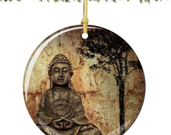 Buddha Christmas Ornament in Porcelain Featuring the Sitting Buddha and the Bodhi Tree