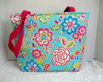 Tropical Flowers Quilted Large Tote - Hawaiian Floral Purse - Inside Pockets