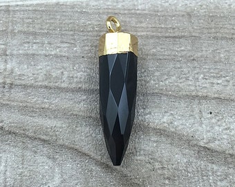 Natural Black Agate Petite Spike Point Pendant Charm with 24k gold electroplated cap - Agate Druzy spike pendant (SG48_04)