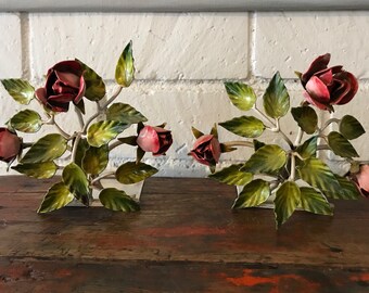 Vintage Italian Tole Pink Roses Bookends - A Pair