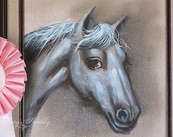 Adorable Vintage HORSE Oil PAINTING With PINK Horse Show Ribbon, Shabby Chic, Farmhouse