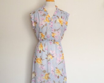 1970s Light Blue Floral Day Dress Vintage