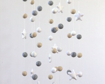 LARGE Neutral Almond, Gray, White Felt Ball & Star Nursery Mobile- Nursery Childrens Room Pom Pom Mobile Garland Decor