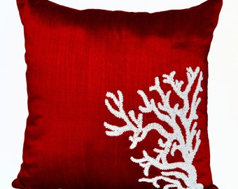 Coral decorative throw pillow, coral reef pillow, Oceanic pillow covers, Red White silk pillows, gift, Accent pillows, throw cushions, 18x18