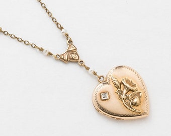 Locket Necklace, Heart Locket in Gold Filled with Genuine Diamond & Pearls, Repousse Flower and Leaf Motif On Beaded Chain Photo Locket Gift