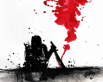 Love painting 8x12in 21x30cm - A4 canvas sheet - ink art - black silhouettes and red smoke