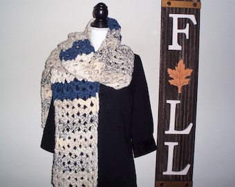 Super Long Scarf, Crocheted Winter Scarf, Bulky Long Scarf, Long Blue and Beige Scarf, Handmade Scarf