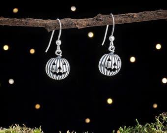 Sterling Silver Jack-O-Lantern Pumpkin Earrings - Halloween Jewelry
