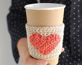 Natural Coffee Cup Cozy, Crochet Coffee Sleeve, Reusable Coffee Cozy with Coral heart by The Cozy Project