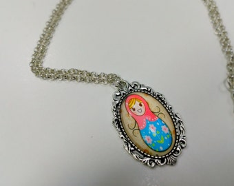 Pendant "Matreshka", silver cameo, Russian girl cameo, Russian doll cameo