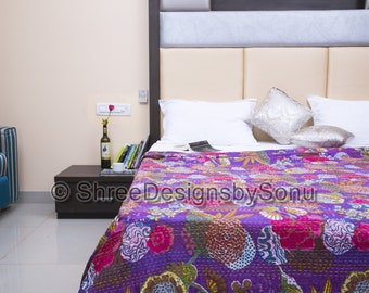 Purple Quilts ralli kantha throw quilt bohemian bedding bed covers gudree gudri saree sari quilts handmade bedspread quilts 90x108 inch