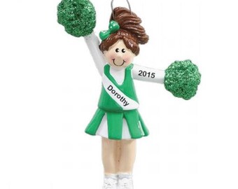 Personalized Brunette Green Cheerleader with Pom Poms Christmas Ornament- Free Personalization