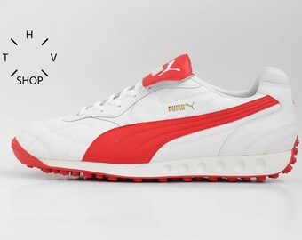 NOS Puma Avanti sneakers / Vintage mens leather kicks / OG running white red trainers / Lifestyle daily shoes / made in Vietnam / 90s