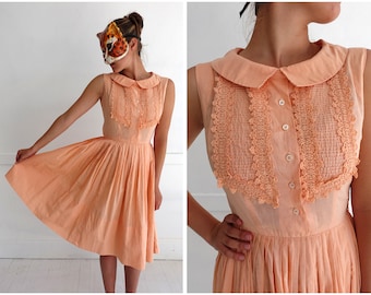 Vintage 60's Sleeveless Sherbet Orange Ruffle-Front Day Dress with Peter Pan Collar | XS/Small