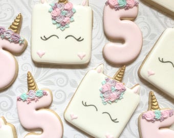 Unicorn and number birthday cookies - One Dozen Decorated Sugar Cookies