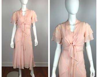 Vintage 1930s Gown / 30s Blush Pink Silk Chiffon Dress and Jacket / Extra Small