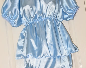 Silky short baby blue satin sissy dress with matching slithery sissy panties, Sissy Lingerie