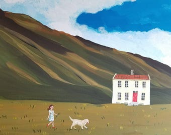 Walking the Dog. Original acrylic on 12" x 16" x 3/4" gallery wrap canvas