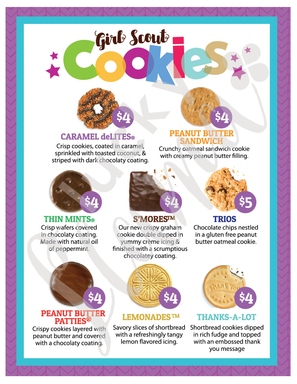 Girl Scout Cookie Menu with prices 8.5 x 11 printable