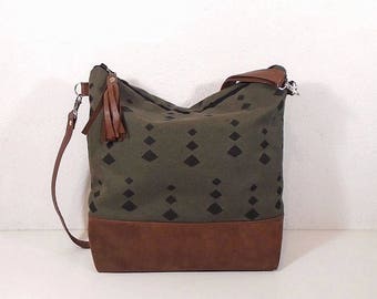 Canvas crossbody purse, green hobo bag, Jute large/Smaller bag, sport bag, zipper vegan leather bag, crossbody travel bag, brown tote bag