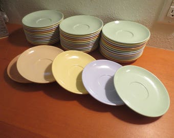 Vtg Arrowhead Melamine Saucers / Mix Pastel colors / Set of 12 / mint green, baby blue, yellow, rose, beige / mix and match / retro melmac