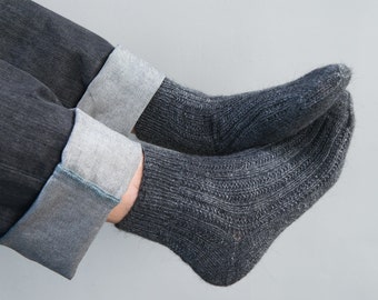 Hand Knitted Wool Socks man for him dark gray grey urban - made to order