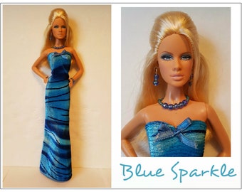 Model Muse Barbie Doll Clothes BLUE SPARKLE Dress and Jewelry Set - Custom Fashion - by dolls4emma