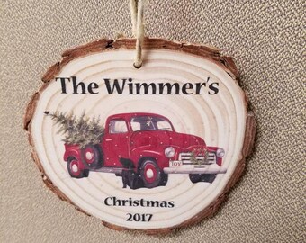Christmas tree ornaments wood slices family name with year 2018 red truck dog wood ornament real tree bark holiday decor burlap string cute