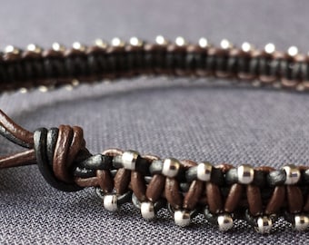 Handmade Macrame Leather Bracelet with Micro Silver Beads
