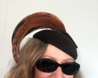 Brown Felt Feathered Fascinator Hat Vintage Mid Century Wool Felt Hat