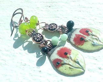 Earrings - copper enamel and poppies glass line