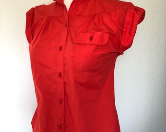 Vintage red blouse cap sleeve, 80s blouse 1980s, cuffed sleeve, retro circle collar, 70s blouse 1970s top, Cherry Stix, small medium S M