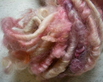 Handspun Corespun Super Bulky Curly Wool Art Yarn in Pink and White Shades by KnoxFarmFiber for Knit Weave Embellishment