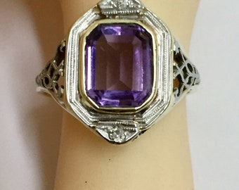 Vintage Art Deco 14k Diamond Amethyst Filigree ring