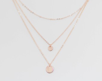 Layered Necklace Set, Multistrand Necklace, Rose Gold Necklaces, Personalised, Custom Disk, Jewelery Set, Satellite Chain, Best Friend, BFF