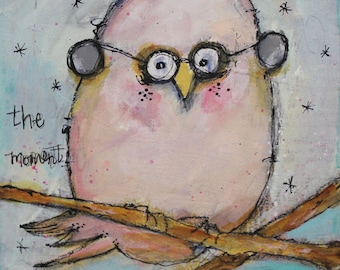 The Moment 6x6 Folk Art Mixed Media Bird Original Small Art on Wood by Jodi Ohl