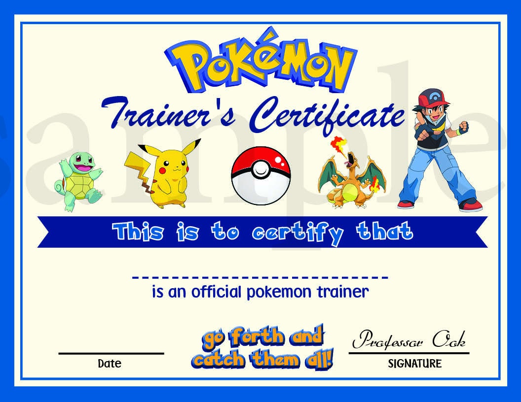 INSTANT DL- Pokemon certificate- Printable digital file birthday party ...