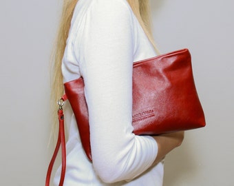 Sale!!! Deep red Leather Clutch Purse Leather wristlet Evening Clutch Bag Leather Bag