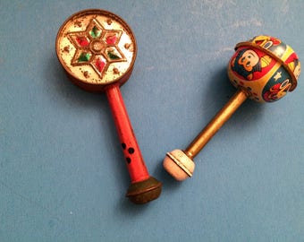 Vintage Child's Tin Metal Rattle Noise Makers Japan USA